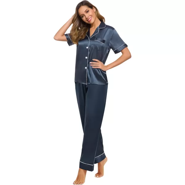 SWOMOG Womens Silk Satin Pajamas Loungewear Twopiece Sleepwear ButtonDown Pj SetDeep Grey16