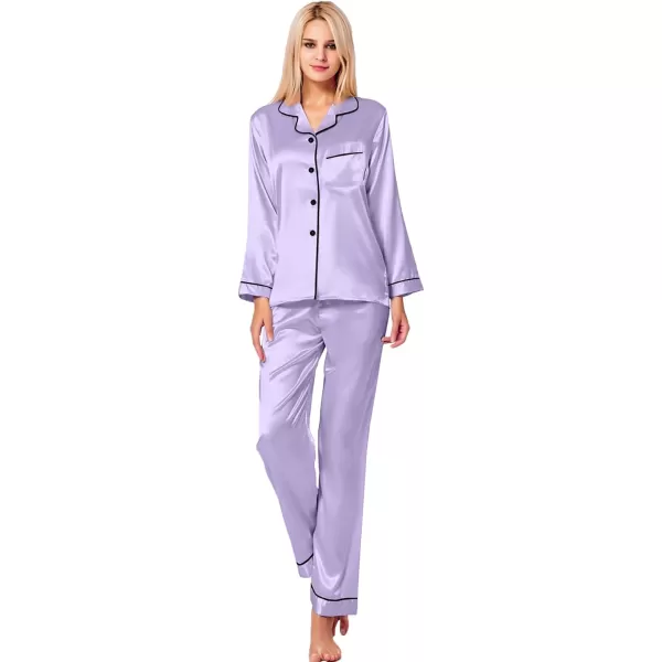 SWOMOG Womens Silk Satin Pajamas Loungewear Twopiece Sleepwear ButtonDown Pj SetDeep Lavender