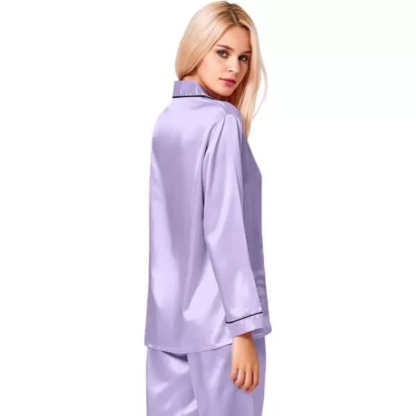 SWOMOG Womens Silk Satin Pajamas Loungewear Twopiece Sleepwear ButtonDown Pj SetDeep Lavender