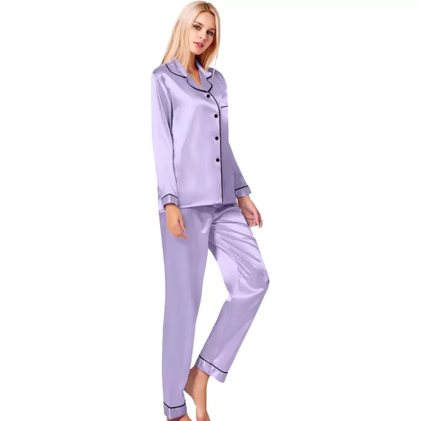 SWOMOG Womens Silk Satin Pajamas Loungewear Twopiece Sleepwear ButtonDown Pj SetDeep Lavender