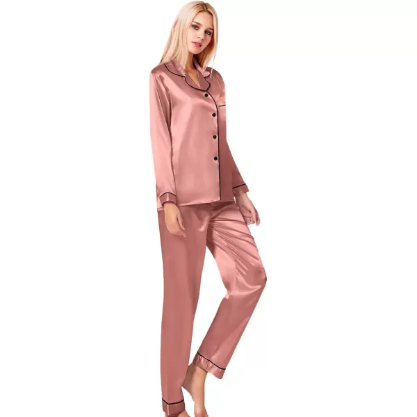 SWOMOG Womens Silk Satin Pajamas Loungewear Twopiece Sleepwear ButtonDown Pj SetDeep Misty Rose