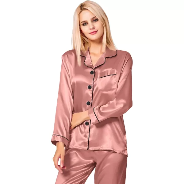 SWOMOG Womens Silk Satin Pajamas Loungewear Twopiece Sleepwear ButtonDown Pj SetDeep Misty Rose