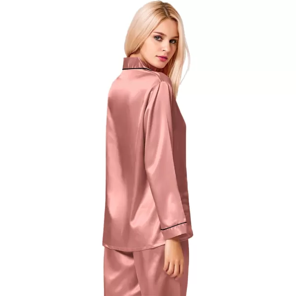 SWOMOG Womens Silk Satin Pajamas Loungewear Twopiece Sleepwear ButtonDown Pj SetDeep Misty Rose