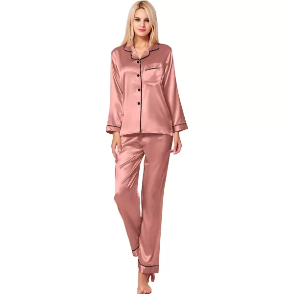 SWOMOG Womens Silk Satin Pajamas Loungewear Twopiece Sleepwear ButtonDown Pj SetDeep Misty Rose