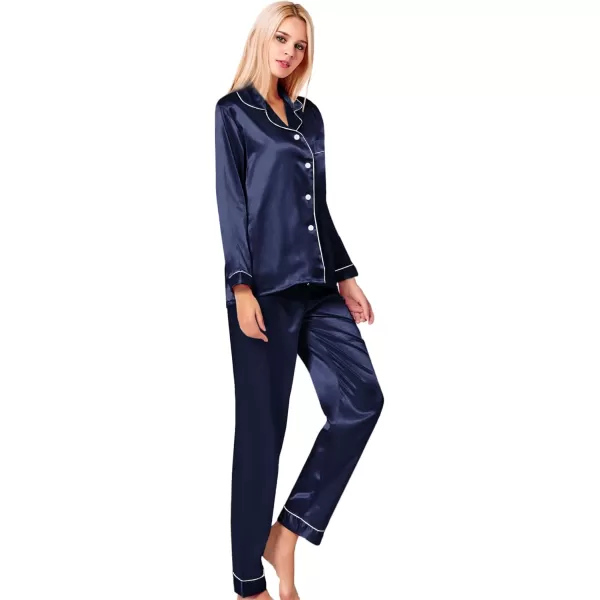 SWOMOG Womens Silk Satin Pajamas Loungewear Twopiece Sleepwear ButtonDown Pj SetDeep Navy Blue