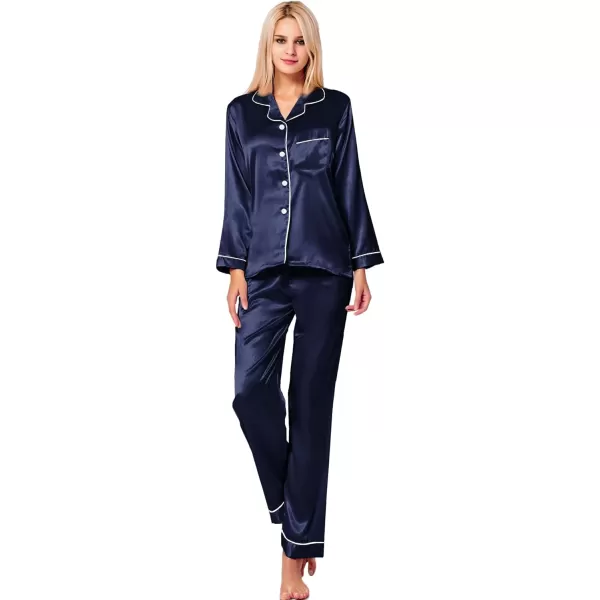 SWOMOG Womens Silk Satin Pajamas Loungewear Twopiece Sleepwear ButtonDown Pj SetDeep Navy Blue