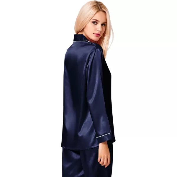 SWOMOG Womens Silk Satin Pajamas Loungewear Twopiece Sleepwear ButtonDown Pj SetDeep Navy Blue