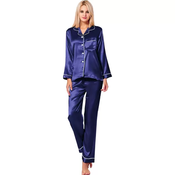 SWOMOG Womens Silk Satin Pajamas Loungewear Twopiece Sleepwear ButtonDown Pj SetDeep Sea Blue