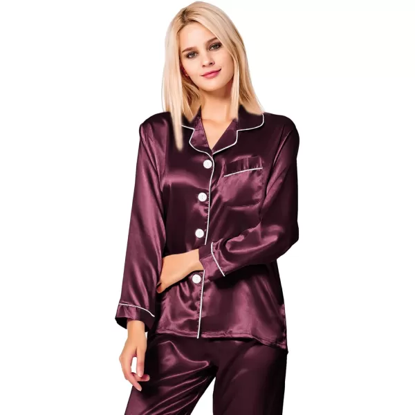 SWOMOG Womens Silk Satin Pajamas Loungewear Twopiece Sleepwear ButtonDown Pj SetDeep Wine Red