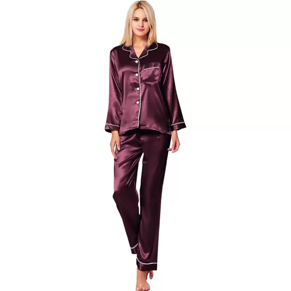 SWOMOG Womens Silk Satin Pajamas Loungewear Twopiece Sleepwear ButtonDown Pj SetDeep Wine Red