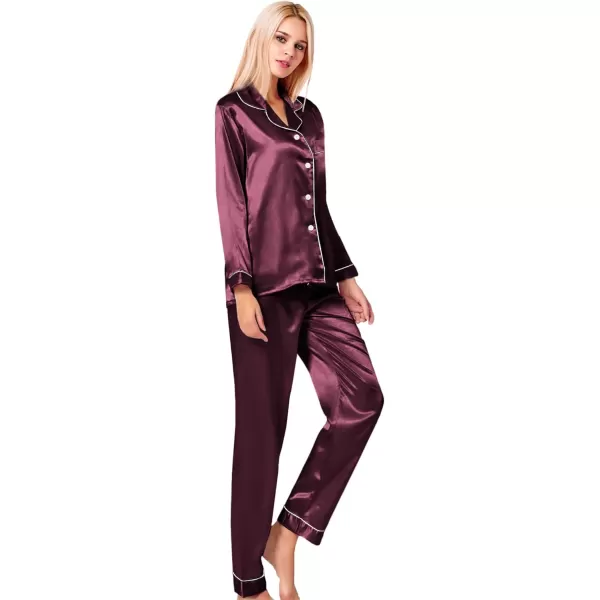 SWOMOG Womens Silk Satin Pajamas Loungewear Twopiece Sleepwear ButtonDown Pj SetDeep Wine Red