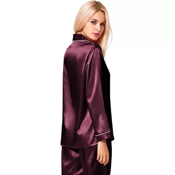 SWOMOG Womens Silk Satin Pajamas Loungewear Twopiece Sleepwear ButtonDown Pj SetDeep Wine Red