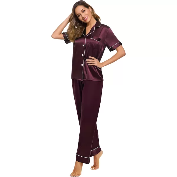 SWOMOG Womens Silk Satin Pajamas Loungewear Twopiece Sleepwear ButtonDown Pj SetDeep Wine Red16