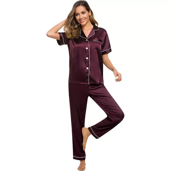 SWOMOG Womens Silk Satin Pajamas Loungewear Twopiece Sleepwear ButtonDown Pj SetDeep Wine Red16