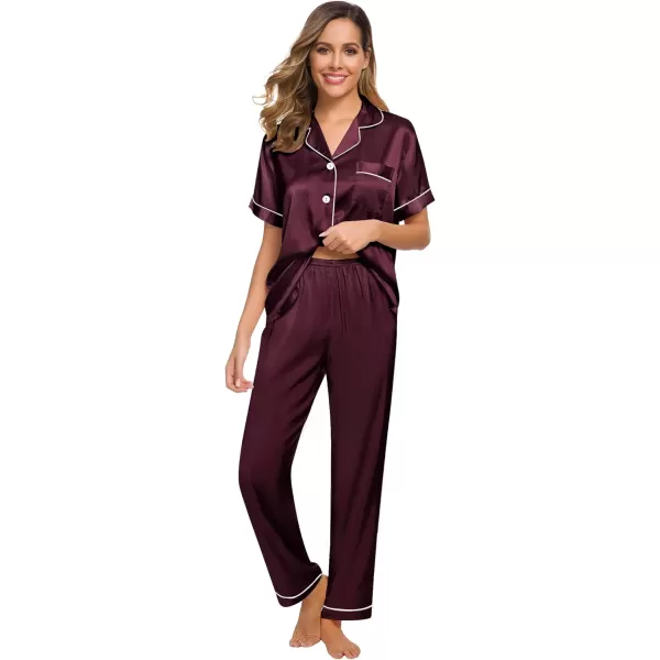 SWOMOG Womens Silk Satin Pajamas Loungewear Twopiece Sleepwear ButtonDown Pj SetDeep Wine Red16