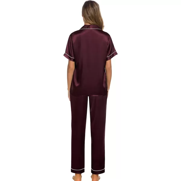 SWOMOG Womens Silk Satin Pajamas Loungewear Twopiece Sleepwear ButtonDown Pj SetDeep Wine Red16