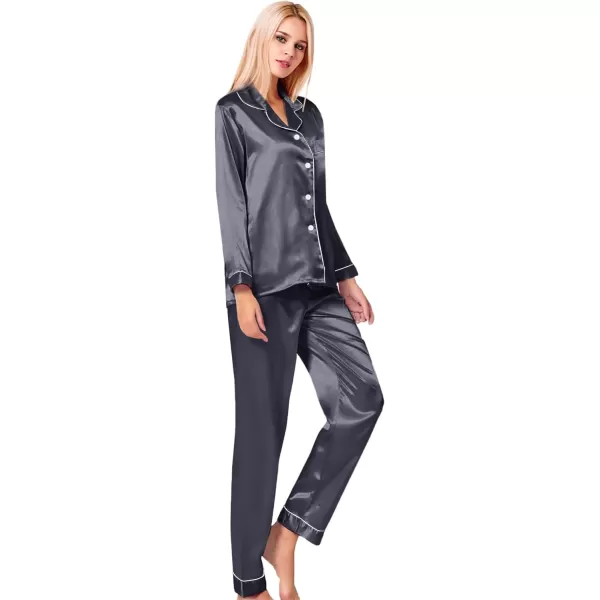 SWOMOG Womens Silk Satin Pajamas Loungewear Twopiece Sleepwear ButtonDown Pj SetDim Gray