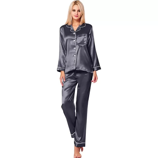 SWOMOG Womens Silk Satin Pajamas Loungewear Twopiece Sleepwear ButtonDown Pj SetDim Gray