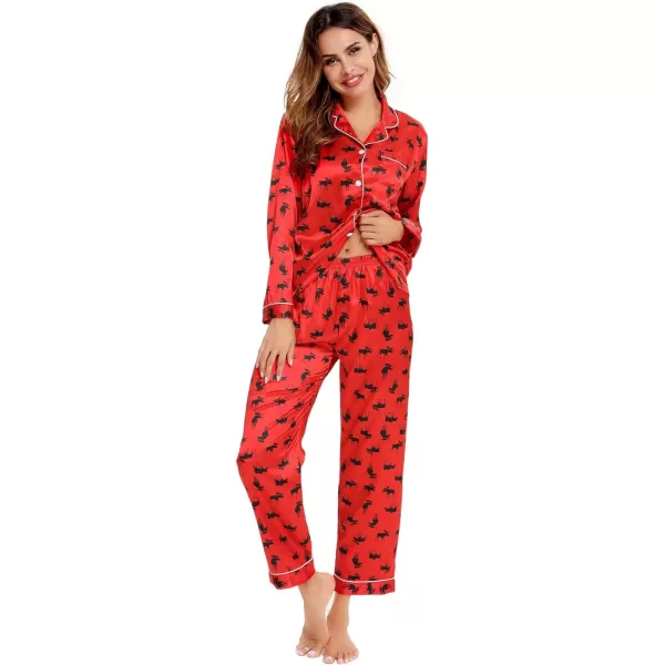 SWOMOG Womens Silk Satin Pajamas Loungewear Twopiece Sleepwear ButtonDown Pj SetElk Red