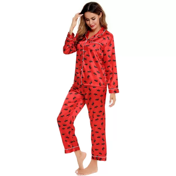 SWOMOG Womens Silk Satin Pajamas Loungewear Twopiece Sleepwear ButtonDown Pj SetElk Red