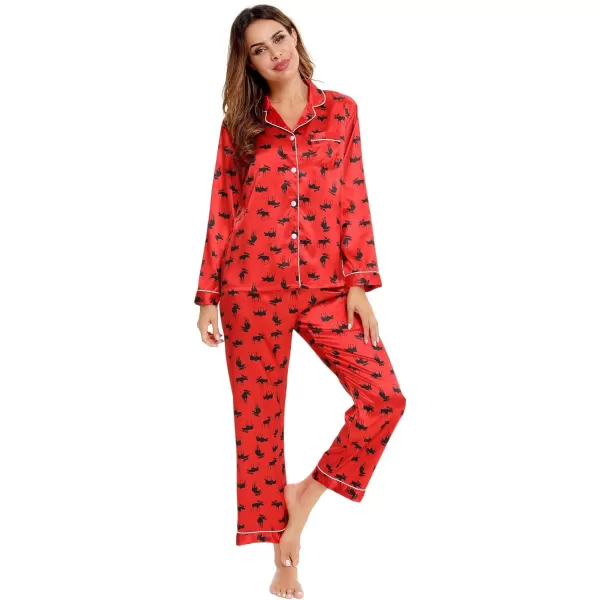 SWOMOG Womens Silk Satin Pajamas Loungewear Twopiece Sleepwear ButtonDown Pj SetElk Red