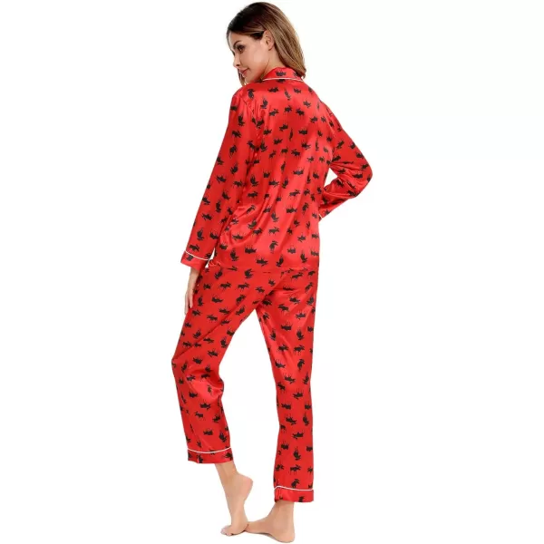 SWOMOG Womens Silk Satin Pajamas Loungewear Twopiece Sleepwear ButtonDown Pj SetElk Red