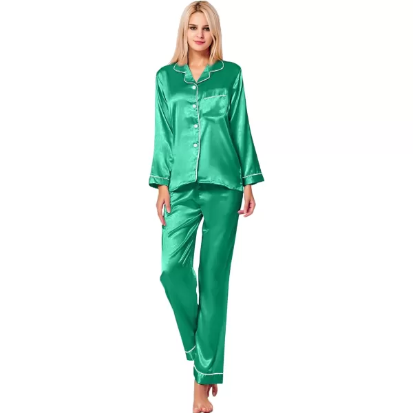 SWOMOG Womens Silk Satin Pajamas Loungewear Twopiece Sleepwear ButtonDown Pj SetEmerald Green