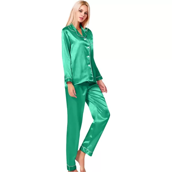 SWOMOG Womens Silk Satin Pajamas Loungewear Twopiece Sleepwear ButtonDown Pj SetEmerald Green