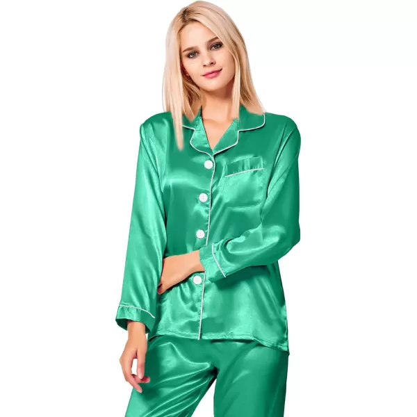 SWOMOG Womens Silk Satin Pajamas Loungewear Twopiece Sleepwear ButtonDown Pj SetEmerald Green