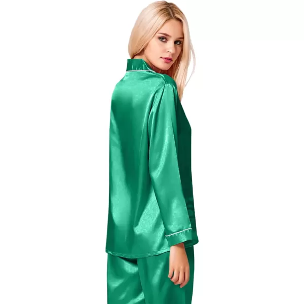 SWOMOG Womens Silk Satin Pajamas Loungewear Twopiece Sleepwear ButtonDown Pj SetEmerald Green