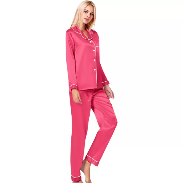 SWOMOG Womens Silk Satin Pajamas Loungewear Twopiece Sleepwear ButtonDown Pj SetFandango Pink