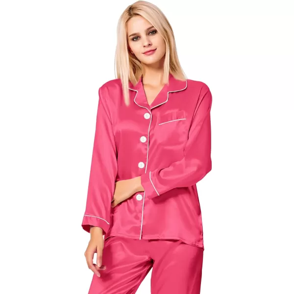 SWOMOG Womens Silk Satin Pajamas Loungewear Twopiece Sleepwear ButtonDown Pj SetFandango Pink