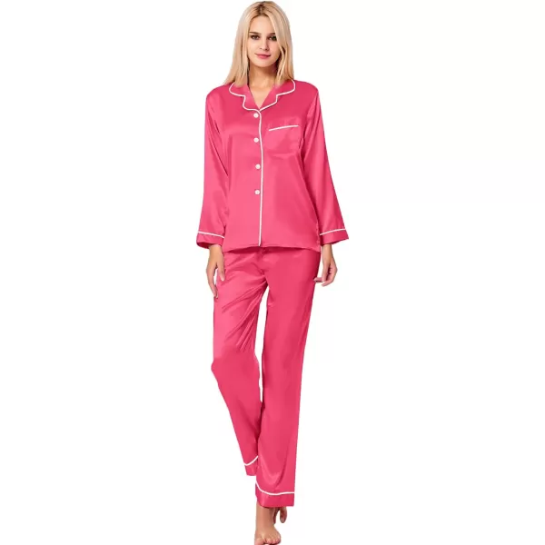 SWOMOG Womens Silk Satin Pajamas Loungewear Twopiece Sleepwear ButtonDown Pj SetFandango Pink