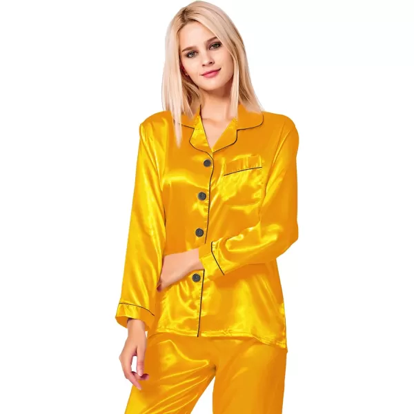 SWOMOG Womens Silk Satin Pajamas Loungewear Twopiece Sleepwear ButtonDown Pj SetGold