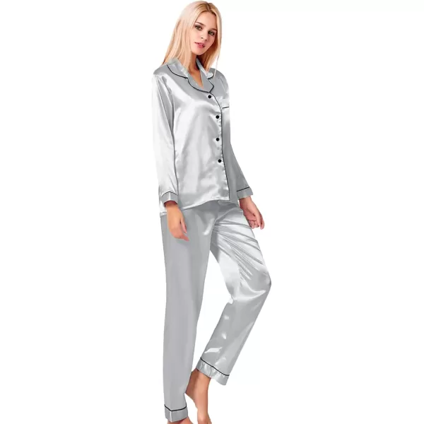 SWOMOG Womens Silk Satin Pajamas Loungewear Twopiece Sleepwear ButtonDown Pj SetGray