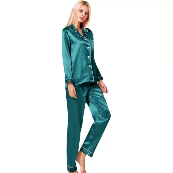 SWOMOG Womens Silk Satin Pajamas Loungewear Twopiece Sleepwear ButtonDown Pj SetGreen