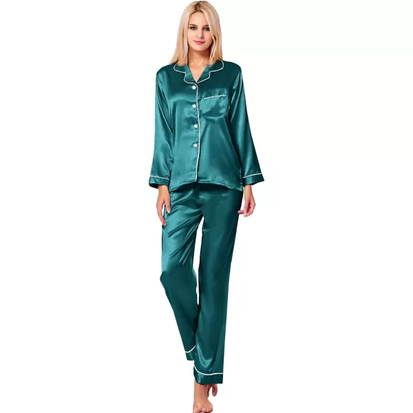 SWOMOG Womens Silk Satin Pajamas Loungewear Twopiece Sleepwear ButtonDown Pj SetGreen