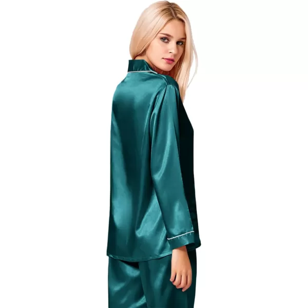 SWOMOG Womens Silk Satin Pajamas Loungewear Twopiece Sleepwear ButtonDown Pj SetGreen