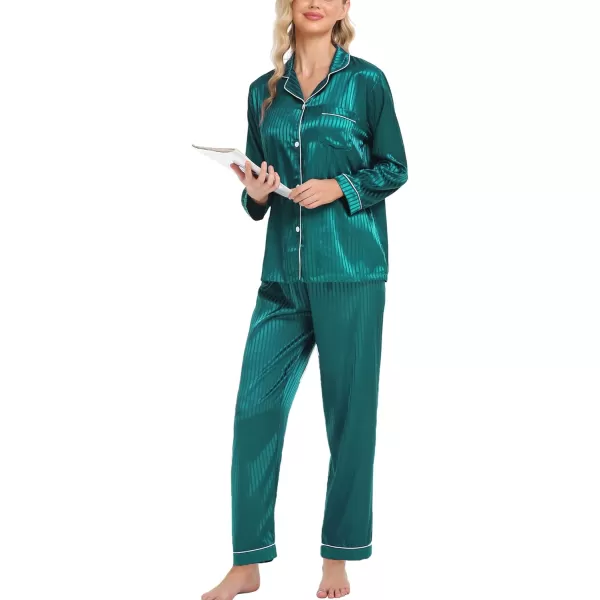 SWOMOG Womens Silk Satin Pajamas Loungewear Twopiece Sleepwear ButtonDown Pj SetGreen Pinstripes