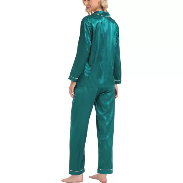 SWOMOG Womens Silk Satin Pajamas Loungewear Twopiece Sleepwear ButtonDown Pj SetGreen Pinstripes