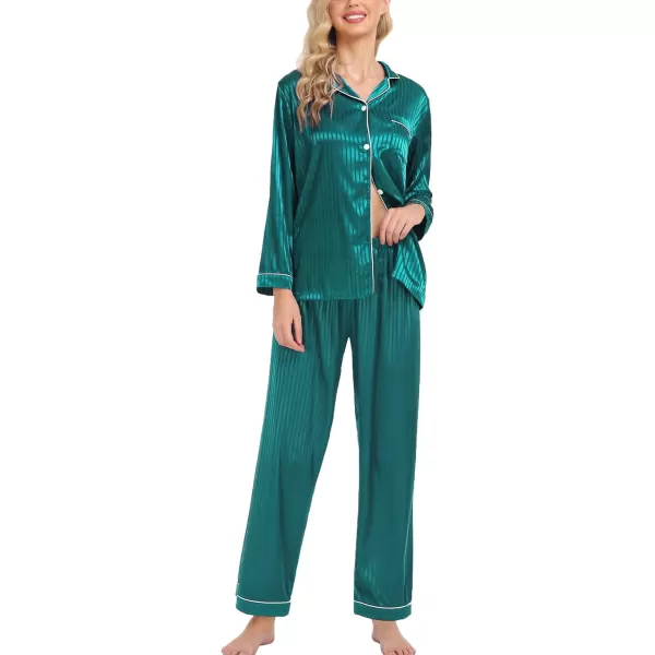 SWOMOG Womens Silk Satin Pajamas Loungewear Twopiece Sleepwear ButtonDown Pj SetGreen Pinstripes