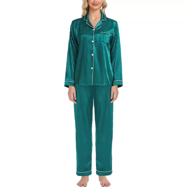 SWOMOG Womens Silk Satin Pajamas Loungewear Twopiece Sleepwear ButtonDown Pj SetGreen Pinstripes