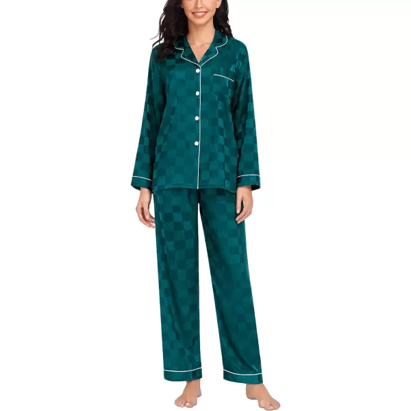 SWOMOG Womens Silk Satin Pajamas Loungewear Twopiece Sleepwear ButtonDown Pj SetGreen Plaid