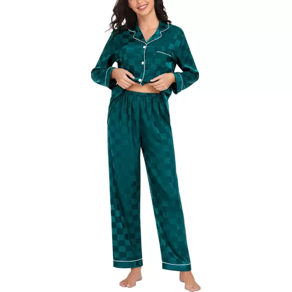 SWOMOG Womens Silk Satin Pajamas Loungewear Twopiece Sleepwear ButtonDown Pj SetGreen Plaid