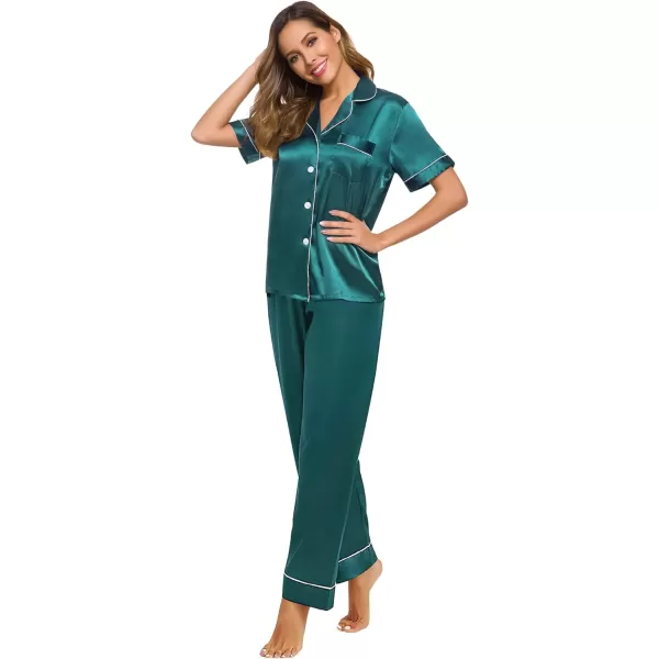 SWOMOG Womens Silk Satin Pajamas Loungewear Twopiece Sleepwear ButtonDown Pj SetGreen16