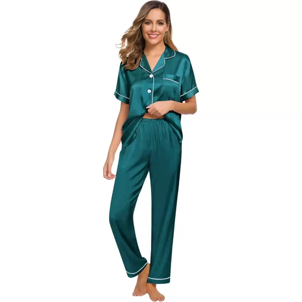 SWOMOG Womens Silk Satin Pajamas Loungewear Twopiece Sleepwear ButtonDown Pj SetGreen16