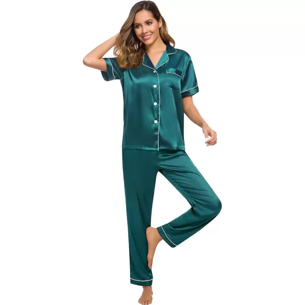 SWOMOG Womens Silk Satin Pajamas Loungewear Twopiece Sleepwear ButtonDown Pj SetGreen16