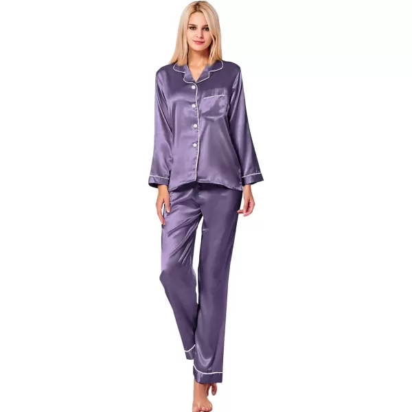 SWOMOG Womens Silk Satin Pajamas Loungewear Twopiece Sleepwear ButtonDown Pj SetGrey Purple