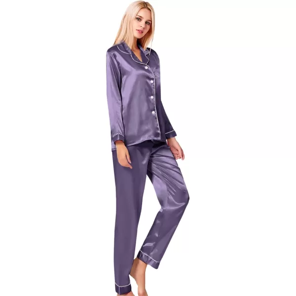 SWOMOG Womens Silk Satin Pajamas Loungewear Twopiece Sleepwear ButtonDown Pj SetGrey Purple