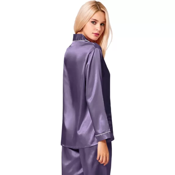 SWOMOG Womens Silk Satin Pajamas Loungewear Twopiece Sleepwear ButtonDown Pj SetGrey Purple